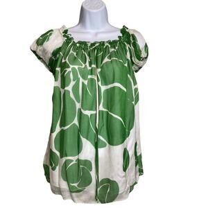 Milly Womens Green White Floral Silk Blouse Size 2 Peasant Boho Whimsical Modern